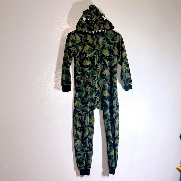 SALE! 3 for $20!!! Dinosaur Hood Big Kid Onesie Medium (7/8) Dino Camo Fleece - Picture 1 of 11